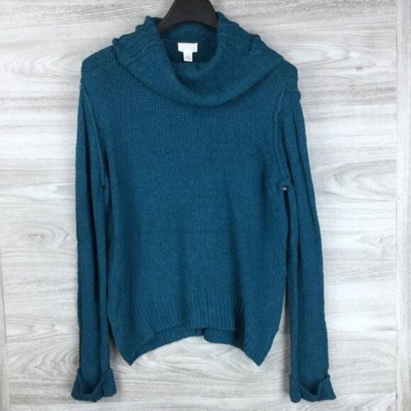 Caslon turtleneck sweater cuff sleeves teal size  M - Picture 1 of 6